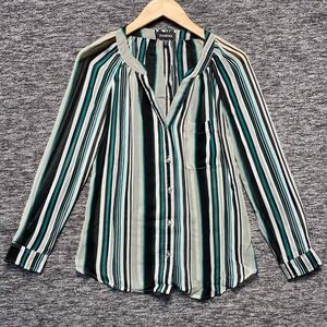 Bebe Womens Sheer Striped Button Down Blouse Top Size Extra Small Teal Black